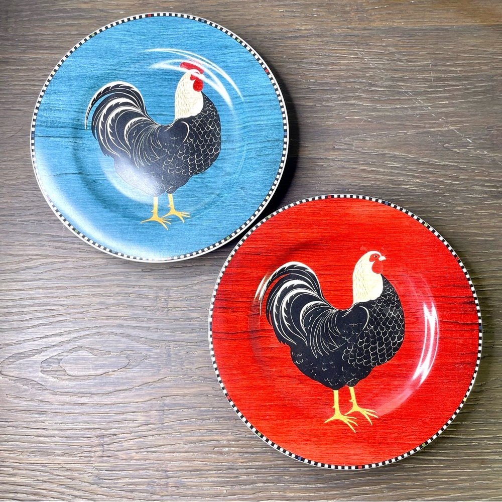 Warren Kimble 1999 Rooster 8" Salad Dining Plates Set of 2